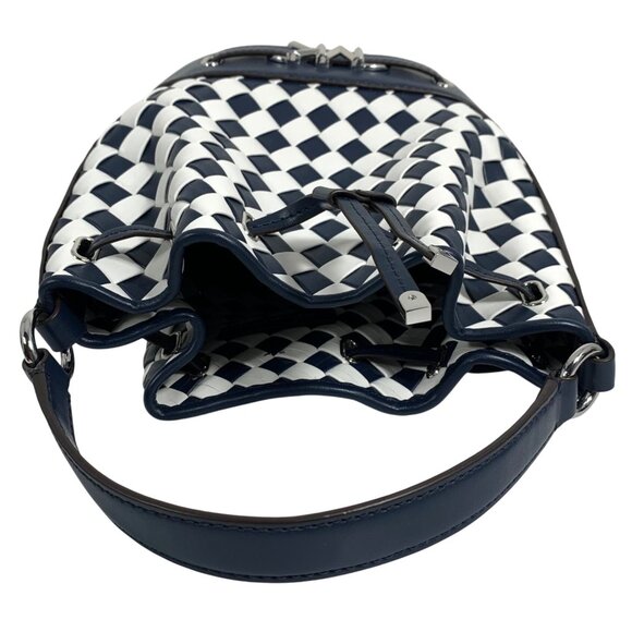 MICHAEL KORS Reed Belted Bucket Messenger Bag Navy/White Checkered Leather + Fob - Picture 6 of 10